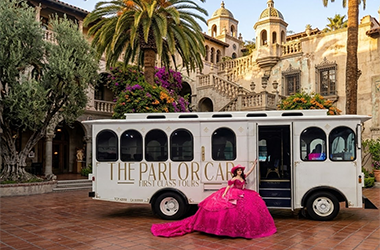 A white vintage-style Parlor Car Trolley & a girl with Pink dress for weddings